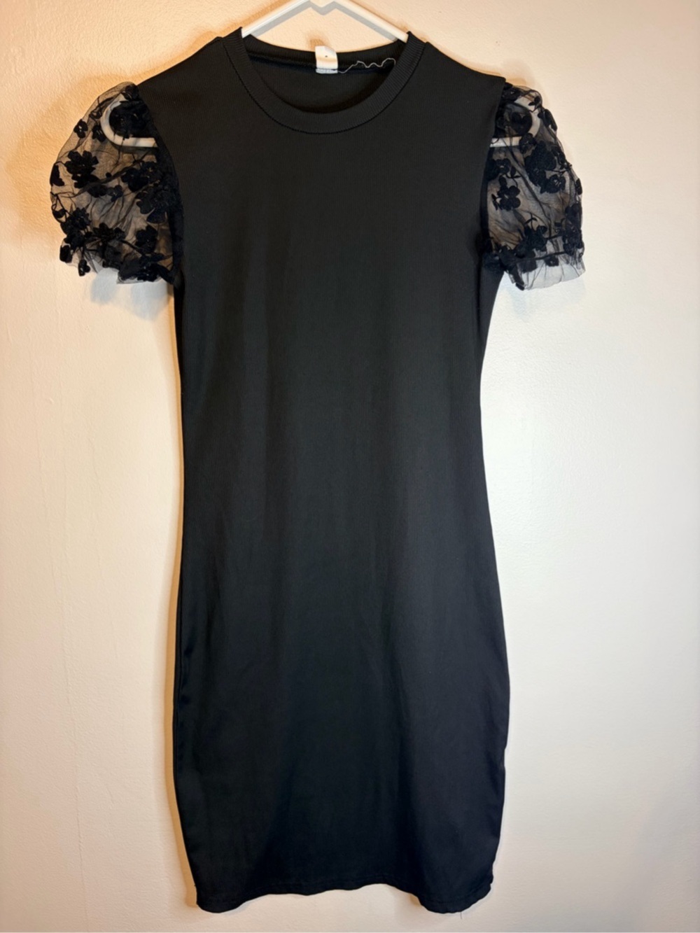 Black Mini Dress Floral Puff Sleeves Like New